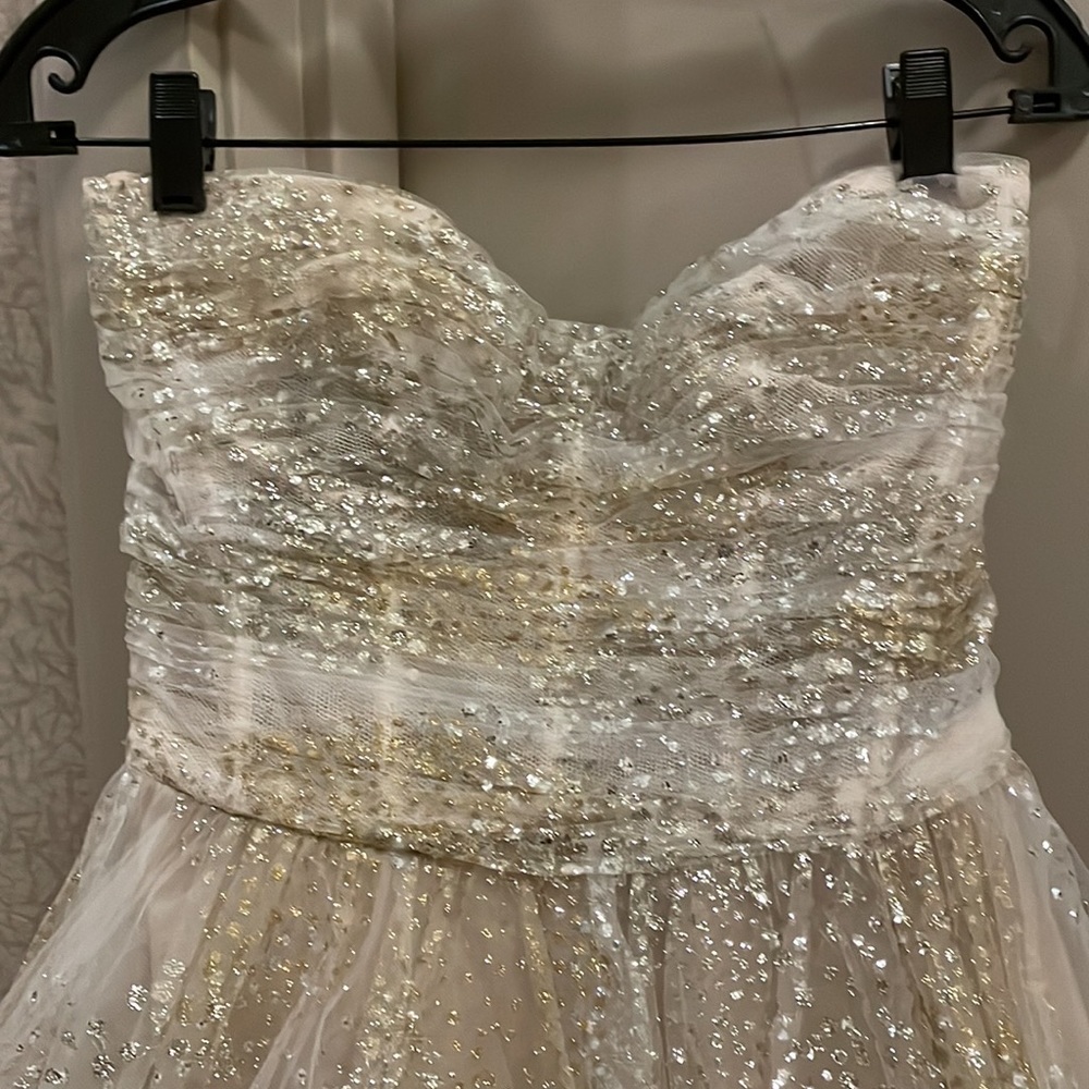Monique Lhuillier Dress Glittery Strapless Chiffon Dress tea length size 10 - Picture 14 of 17